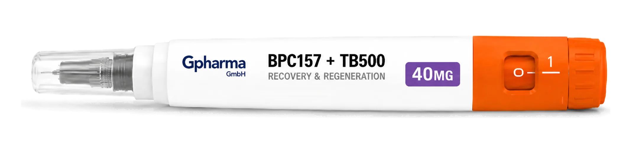 The 40 mg BPC-157 + TB-500 pre-filled research pen, photographed at a slight angle. A white barrel labelled Gpharma GmbH, BPC157 + TB500, RECOVERY & REGENERATION and 40 MG, with a clear cap over the needle at one end and an orange dose knob and dose window at the other.