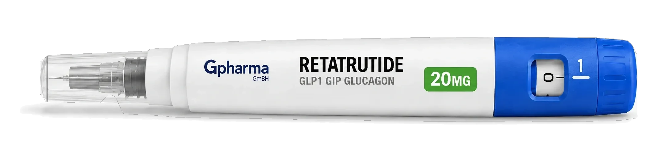 The 20 mg Retatrutide pre-filled research pen, photographed at a slight angle. A white barrel labelled Gpharma GmbH, RETATRUTIDE, GLP1 GIP GLUCAGON and 20 MG, with a clear cap over the needle at one end and a blue dose knob and dose window at the other.