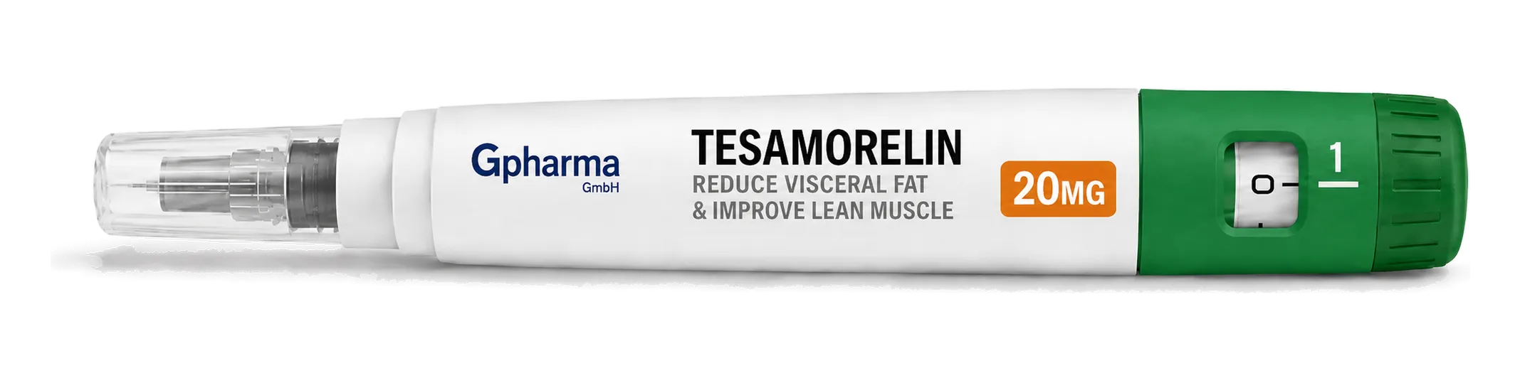 The 20 mg Tesamorelin pre-filled research pen, photographed at a slight angle. A white barrel labelled Gpharma GmbH, TESAMORELIN, REDUCE VISCERAL FAT & IMPROVE LEAN MUSCLE and 20 MG, with a clear cap over the needle at one end and a green dose knob and dose window at the other.